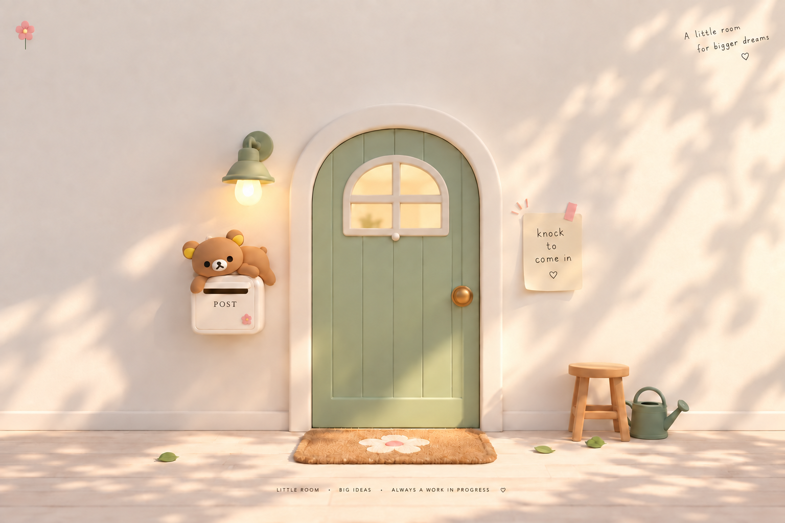 A sunlit miniature porch: a sage arched door, cream frame, glowing lantern, Rilakkuma on the POST mailbox, daisies, a wooden stool with a trailing plant, watering can and daisy doormat.